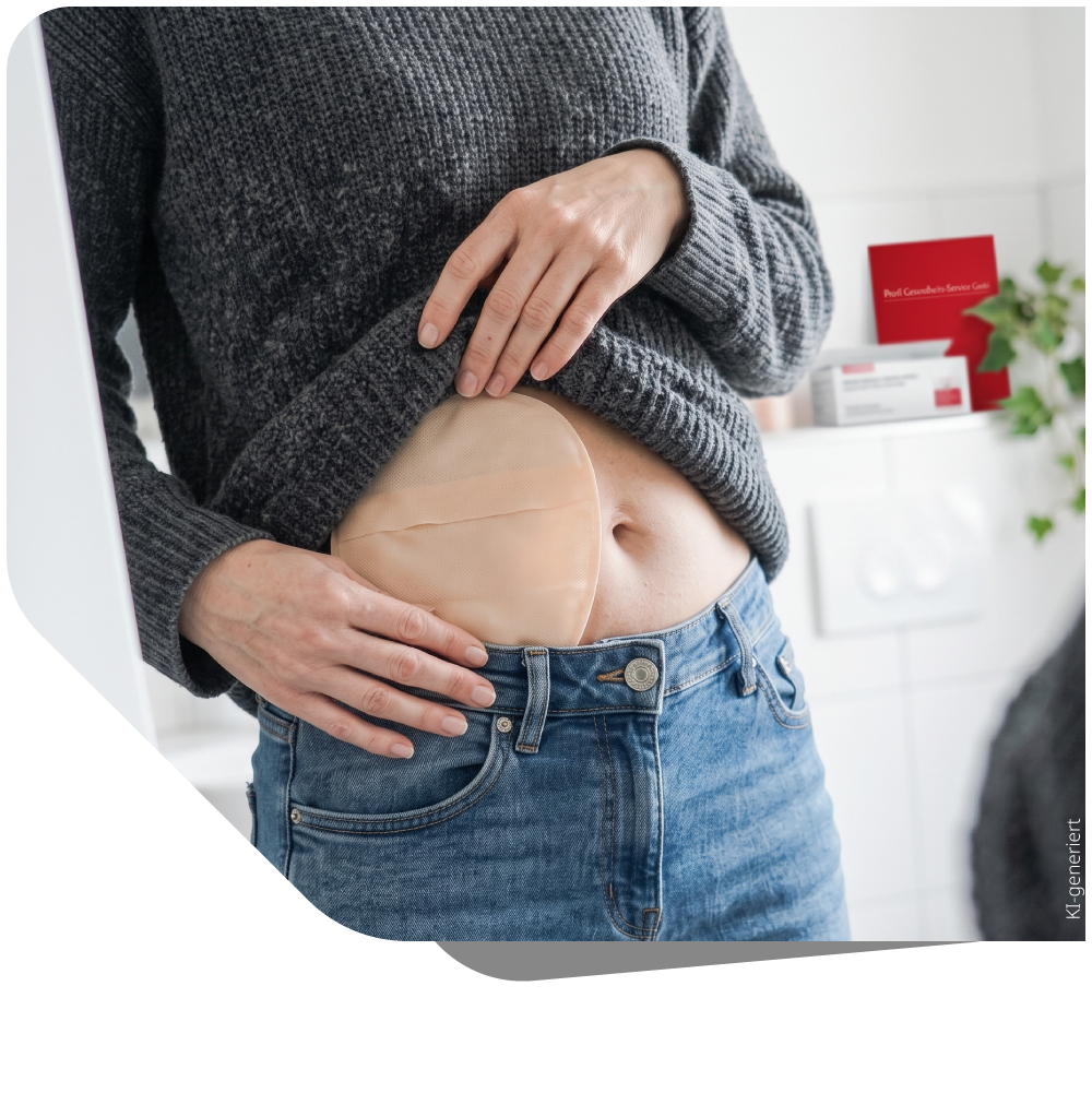 Nahaufnahme des Unterleibs einer Person, die diskret einen Stomabeutel unter der Kleidung trägt. Symbolisiert professionelle und empathische Stomatherapie und Homecare-Versorgung.